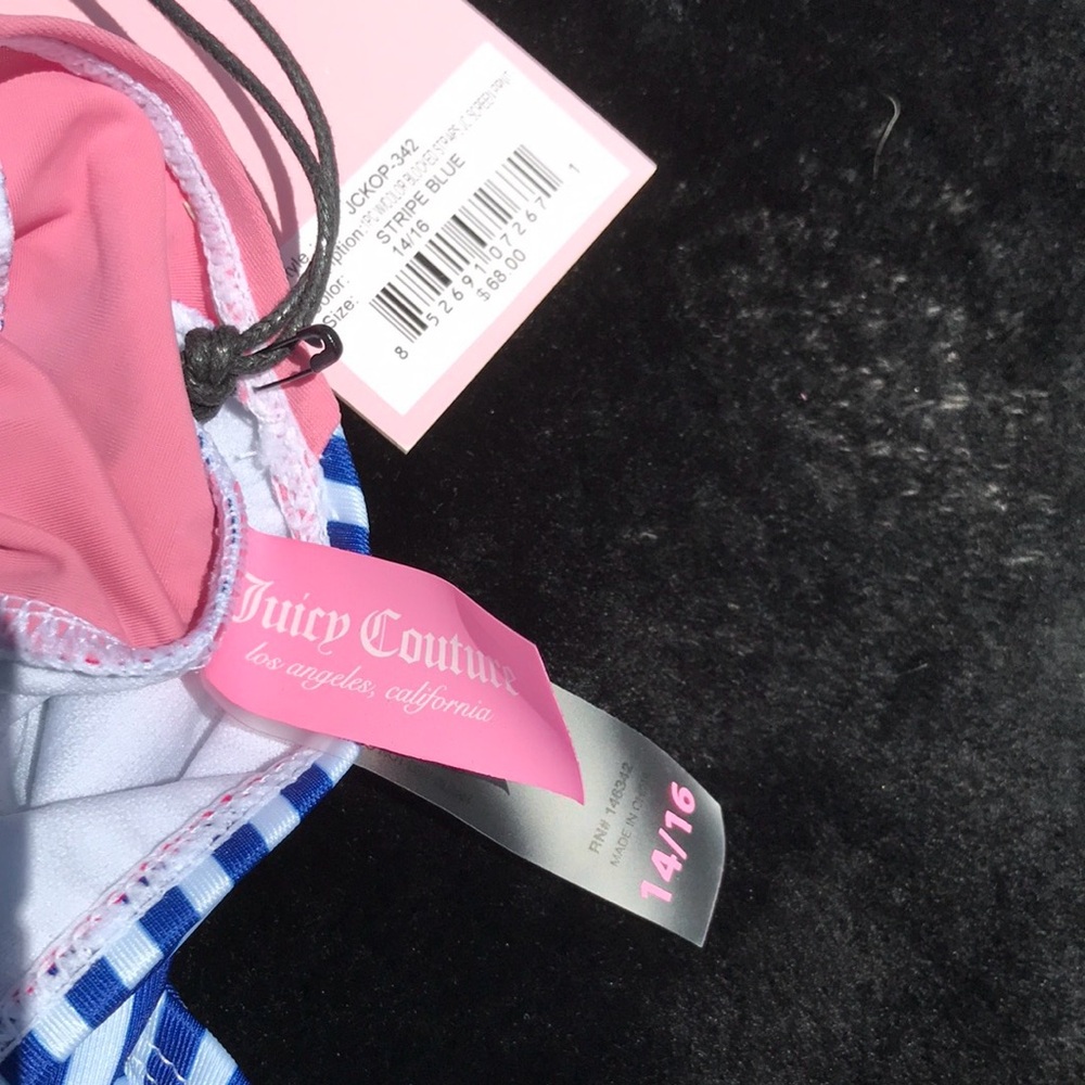 NWT Juicy Couture Blue Striped One Piece 1 Pc Swimsuit Swimming Pool Girls 14/16